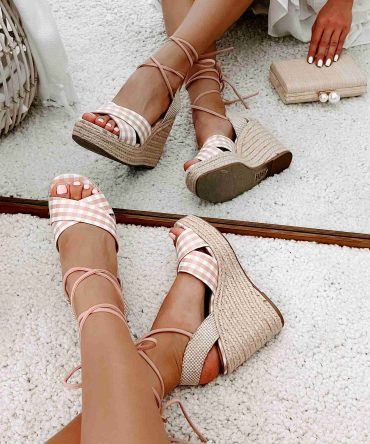 So Sweet Gingham Ankle Tie Wedge (Peach/White) ?? NanaMacs