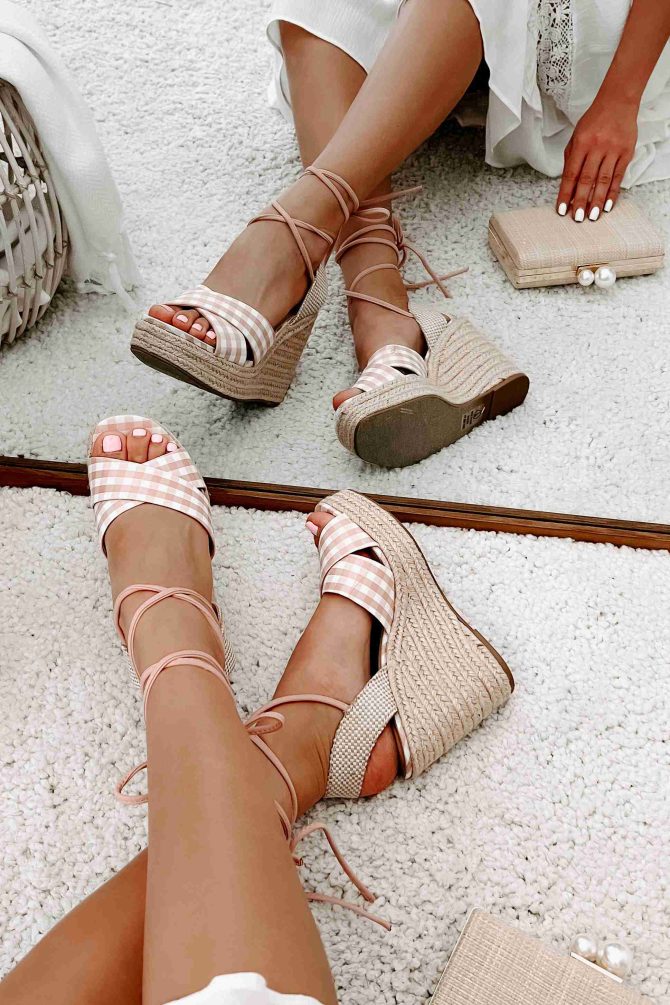 So Sweet Gingham Ankle Tie Wedge (Peach/White) ?? NanaMacs