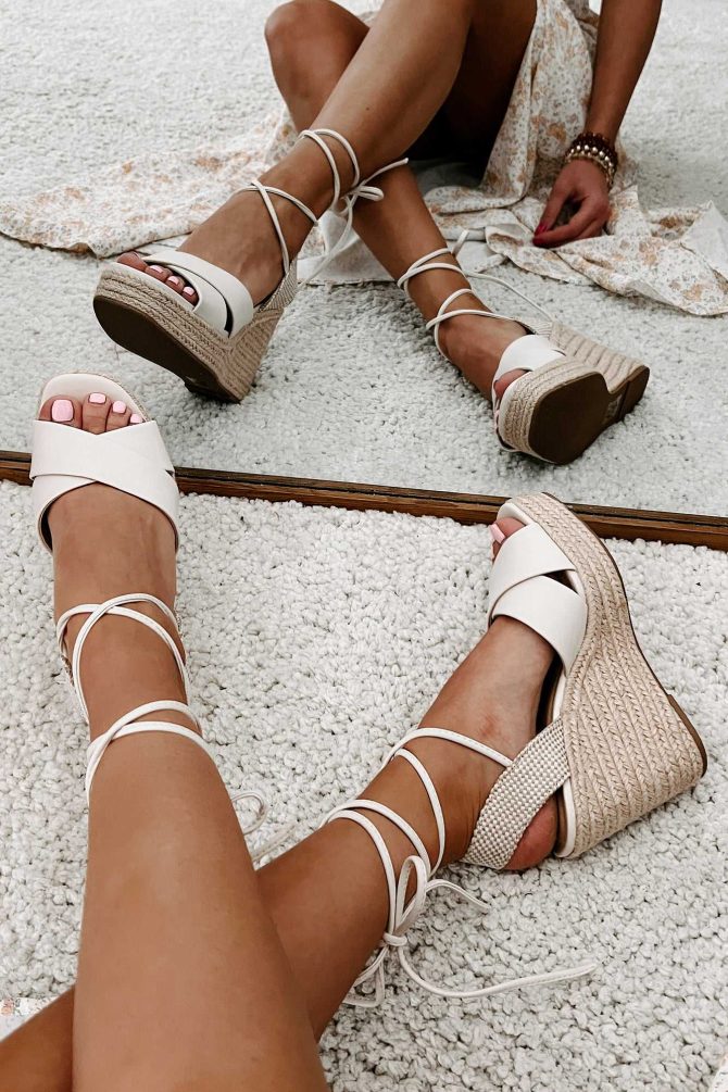 So Sweet Ankle Tie Wedge Sandals (Bone) ?? NanaMacs